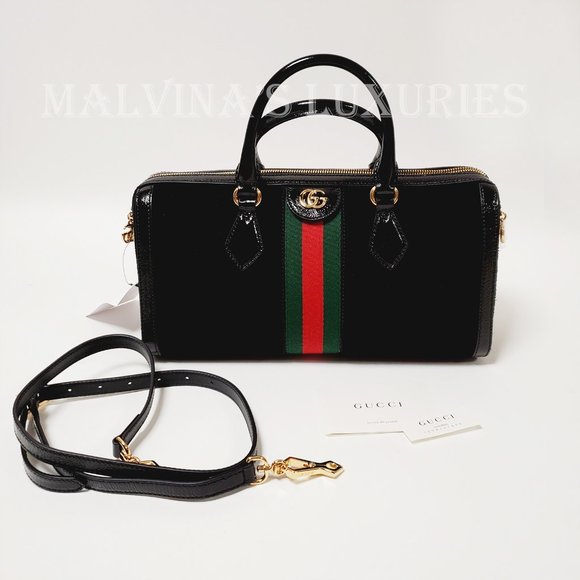 GUCCI BAG 524532 OPHIDIA BOSTON BLACK SUEDE WEB STRIPE GG LOGO CHARM - Picture 3 of 16